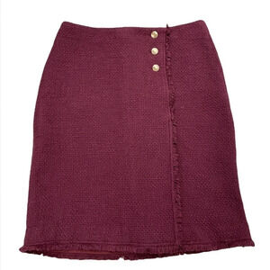 Talbots Tweed Faux Wrap Skirt Gold Buttons details Lined Fringe Size 10